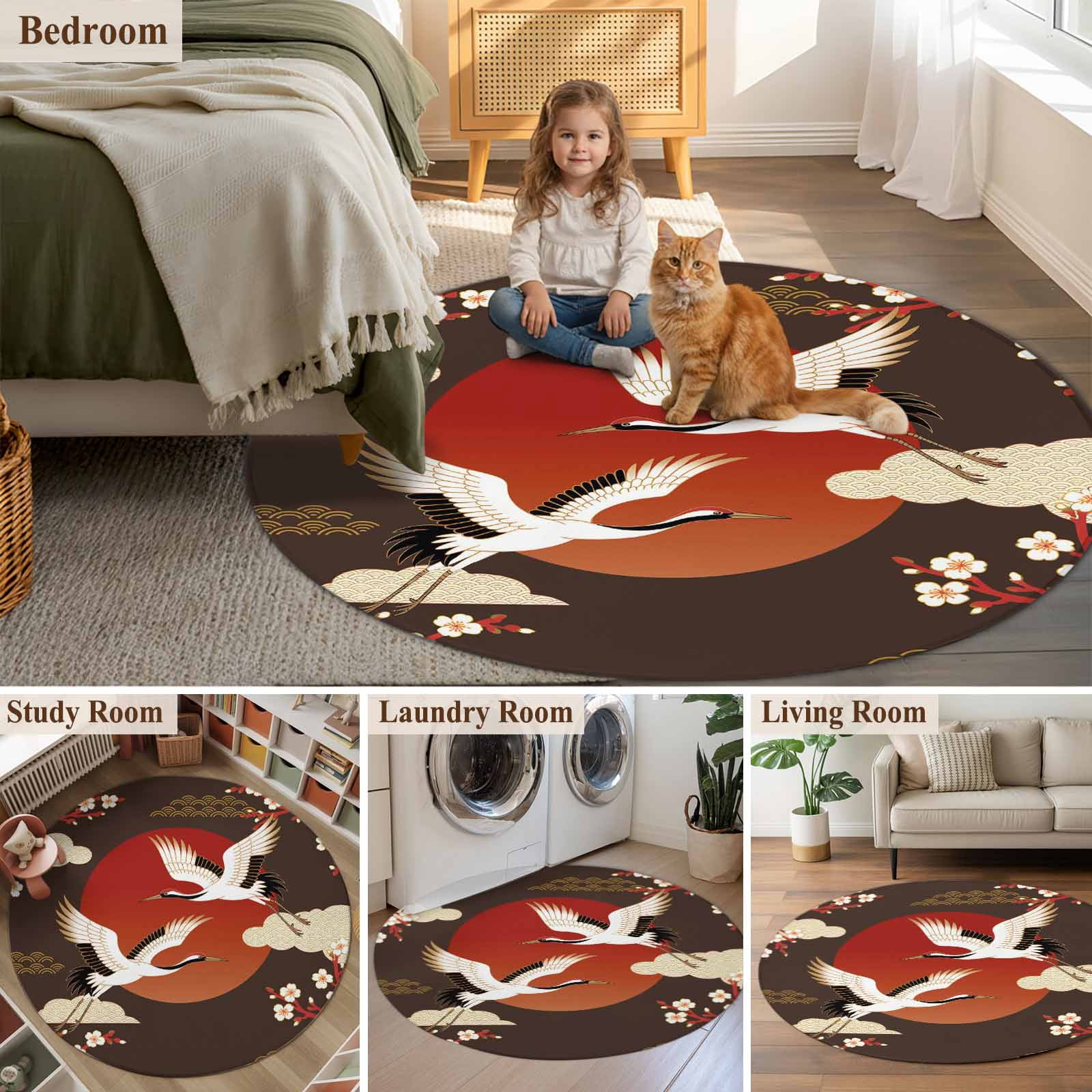 Japanese Style Round Area Rugs Collection 7', Modern Cranes Cherry Flower Wave Brown Non Slip Indoor Circular Throw Runner Rug Floor Mat Carpet for Living Room Dining Table Bedroom Nursery