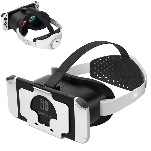 casco de realidad virtual mejorado para nintendo switch y switch oled, lentes hd y diadema ajustables, vista frontal y 3/4 del visor blanco y negro con consola Switch insertada; lentes ajustables (izquierda/derecha y profundidad), ventana de visualización ampliada, almohadilla trasera perforada y banda superior ajustable en EVA y poliéster lycra; compatible con Switch y Switch OLED (no Switch Lite); también apto para ver vídeos VR durante viajes.