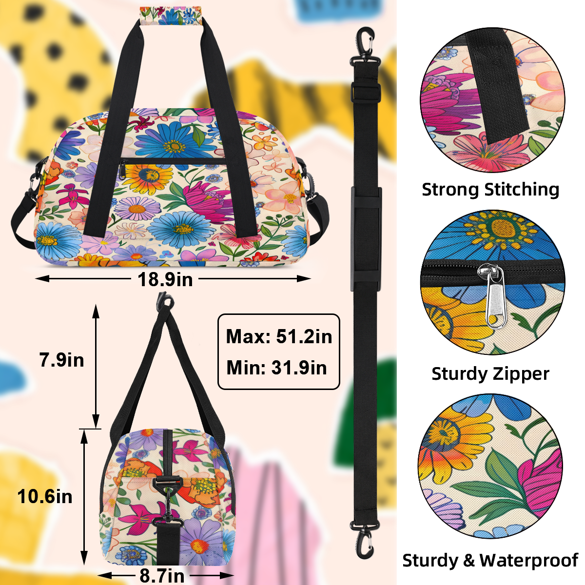 Herdesigns Sports Duffle Bags Travel Duffle Bag Gym Bag Colorful Boho Floral Weekender Travel Bag Waterproof Overnight Bag Carry On Travel Tote Bag Dance Bags