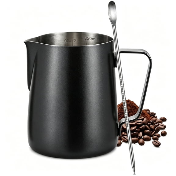 12oz Stainless Steel Milk Frothing Pitcher, Milk Frother Cup Coffee Creamer Pitcher Accessories Metal Jug with Measurement Inside & Decorating Art Pen, for Coffee Espresso Cappuccino Latte Art