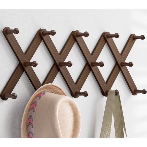 Accordion Wall Hanger with 14 Pegs, Expandable Coat Rack Wall Mount, Wood Hat Rack for Wall, Hat Hangers for Hanging Coat, Purse, Mug