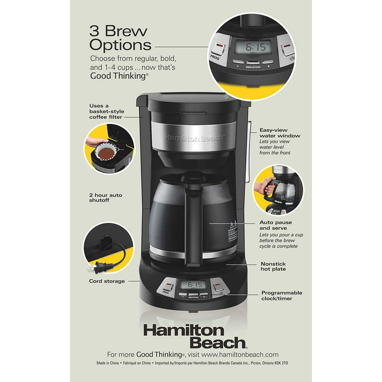 Hamilton Beach 12 Cup Programmable Drip Coffee Maker with 3 Brew Options,  Glass Carafe, Auto Pause and Pour, Black Stainless (46293)