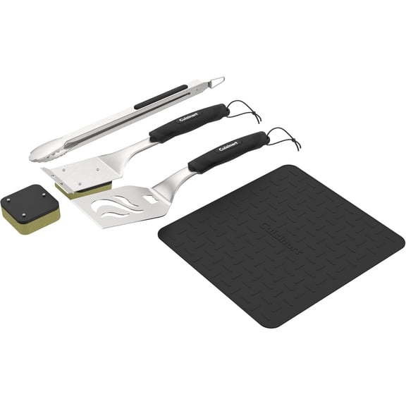 Cuisinart 5-Piece Stainless Steel Grill Tool Set, Bristle Free Grill Brush, Stainless Steel Locking Tongs, Spatula, and Silicone Mat, Durable BBQ Tools for Outdoor Cooking