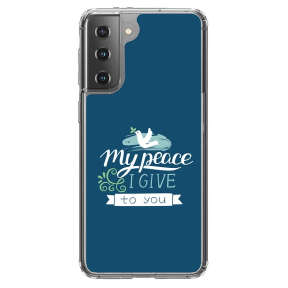 DistinctInk Clear Shockproof Hybrid Case for Galaxy S21  PLUS 5G (6.7" Screen) - TPU Bumper, Acrylic Back, Tempered Glass Screen Protector - My Peace I Give To You - Dove