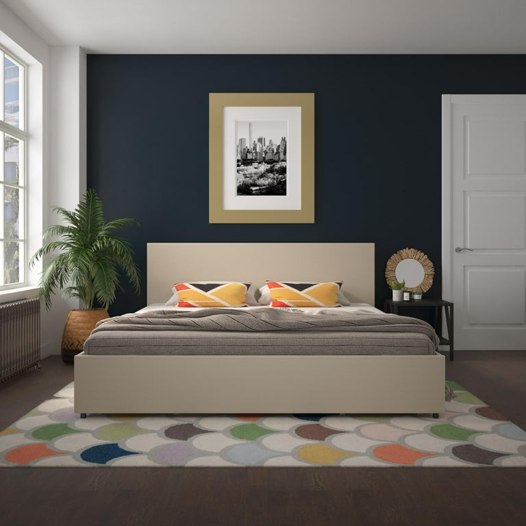Novogratz Kelly Upholstered Bed with Storage Ivory Linen King