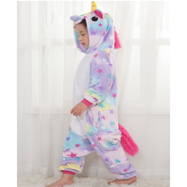 Pijama de una pieza con dibujos de animales para niños, ropa de hogar de manga larga de franela con diseño de caballo y cielo estrellado de arcoíris