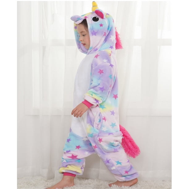Pijama de una pieza con dibujos de animales para niños, ropa de hogar de manga larga de franela con diseño de caballo y cielo estrellado de arcoíris