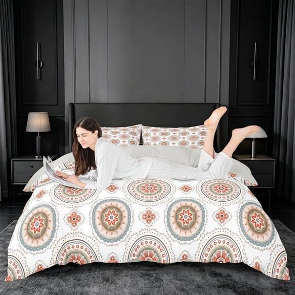 jejeloiu Earthy Mandala Duvet Cover Queen For Men Women,Boho Print Queen Bedding,Red Blue Beige,Light Gray Reversible,3pcs,1 Duvet Cover and 2 Pillowcases