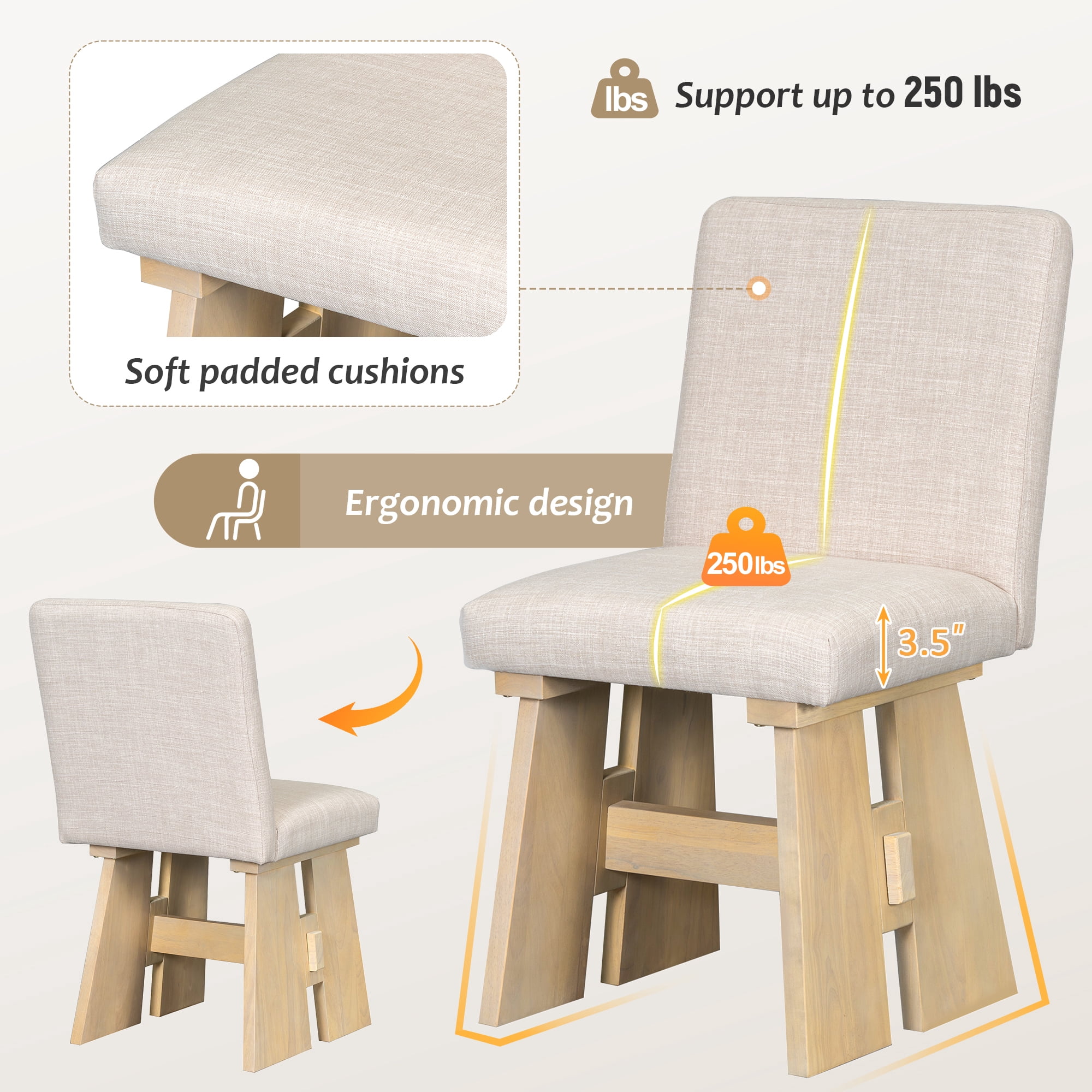 Euroco 7-Piece Dining Table Set for 6, 63.4" Wood Kitchen Table Set with Wood Frame and 6 Upholstered Dining Chairs,Kitchen Table Chairs Set for Dining Room Apartment,Natural