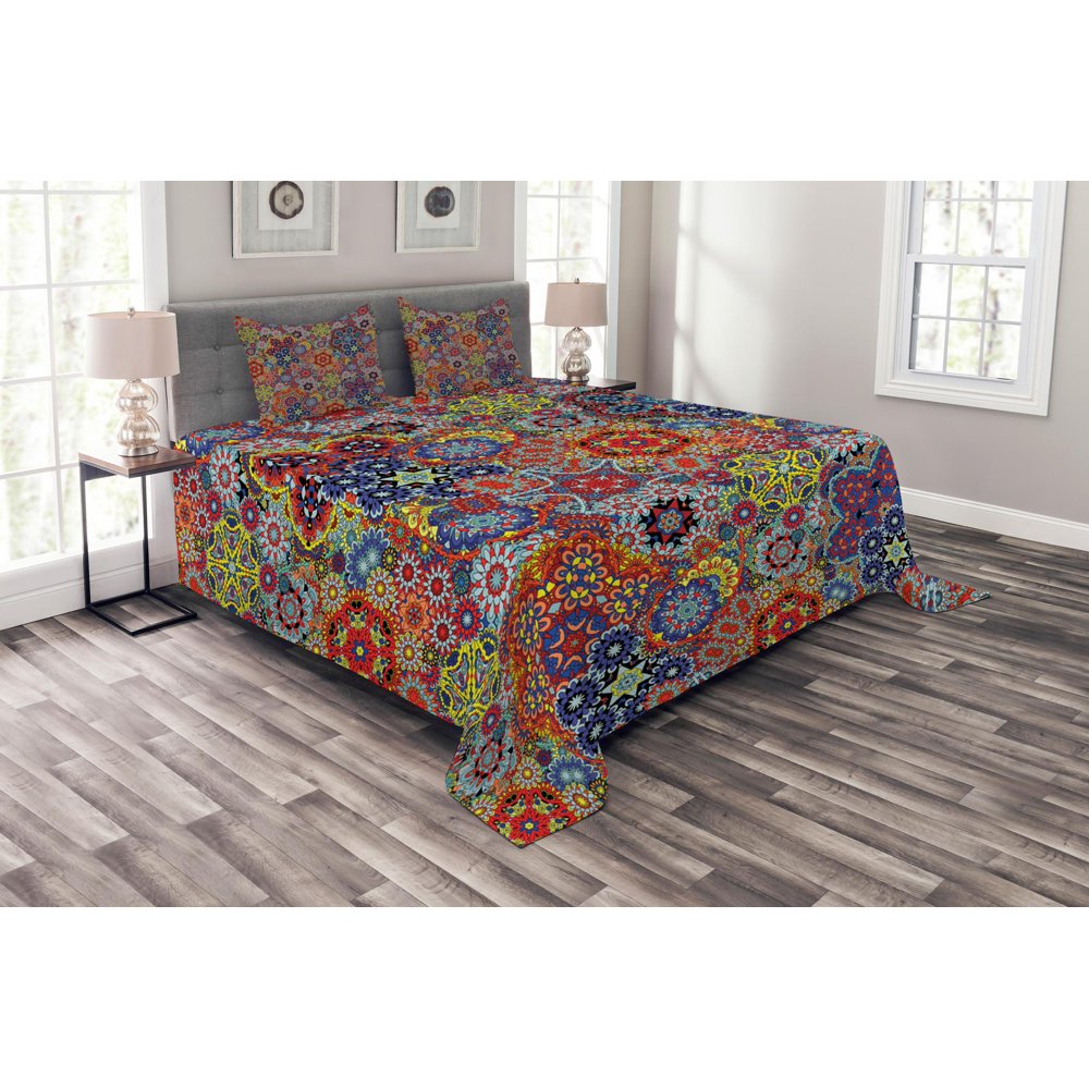 Batik Bedspread Set King Size, Vintage Combined Nested Paisley Motif