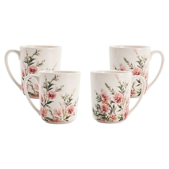 Bico Pink Dandelion Ceramic Mugs, 16oz, Set of 4, for Coffee, Tea, Drinks, Microwave & Dishwasher Safe
