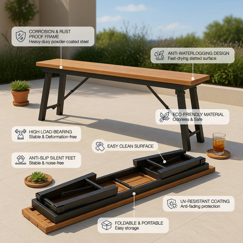 Hommoo Folding Rectangular Picnic Bench Set, Acacia Wood & Metal Outdoor Dining Bench for Patio, Camping, BBQ, and Poolside, Space-Saving Foldable Design, Natural