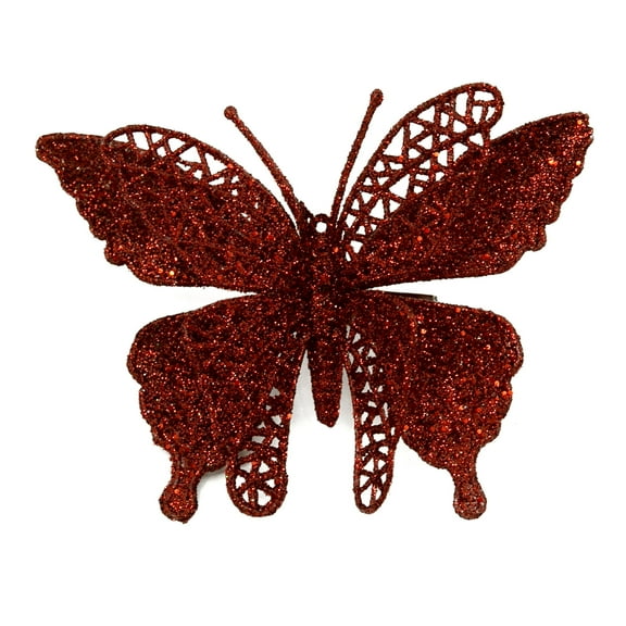 Miluhome Glitter Red Christmas Butterfly Ornament, Xmas Tree Decoration 5.5x5.5x7.9'' Butterflys Hollow-Out Flower with Clips
