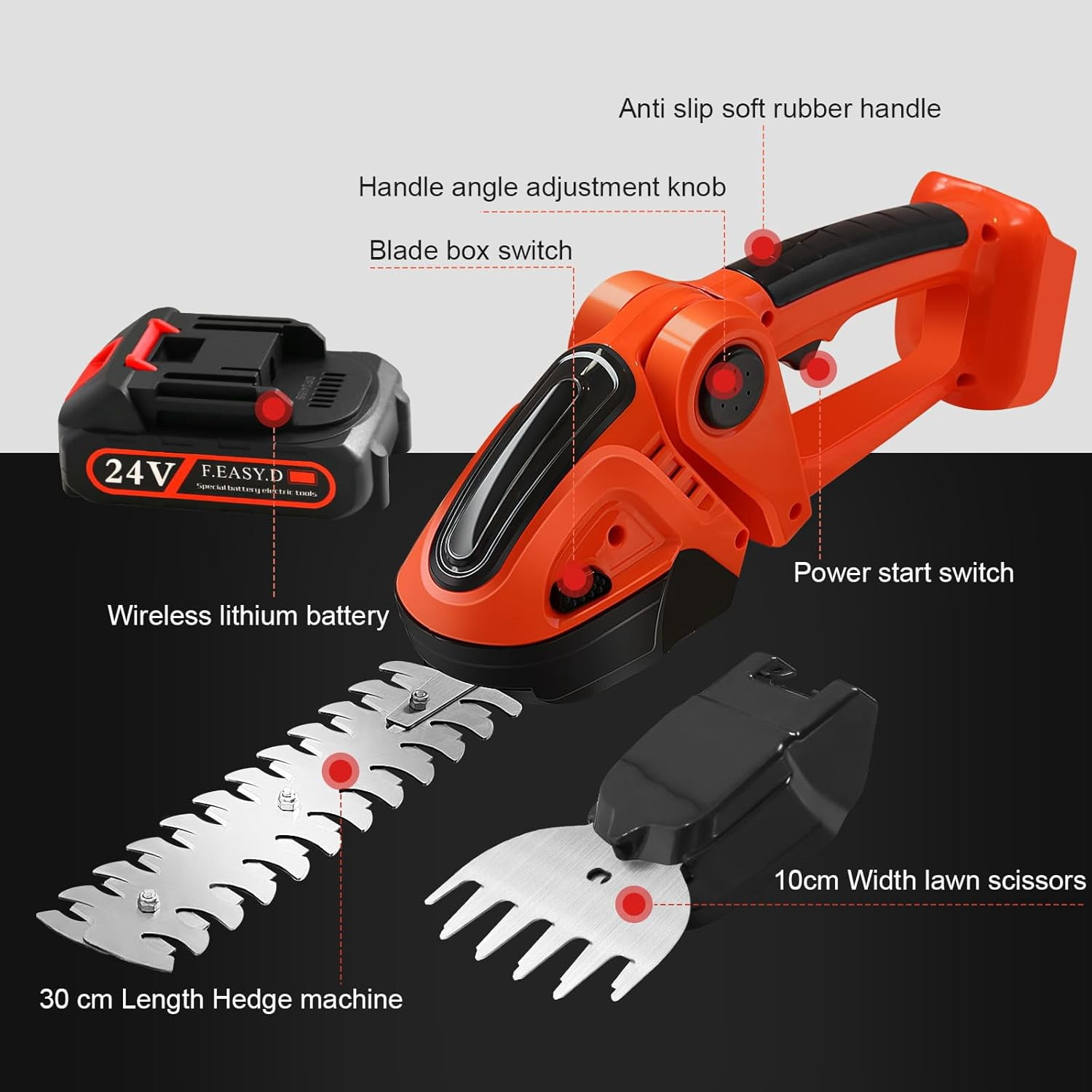 Hedge Trimmer Cordless 24V, 2-in-1 Grass Cutter & Shrub Trimmer, 90° Adjustable Head, Handheld for Lawn Edging Garden