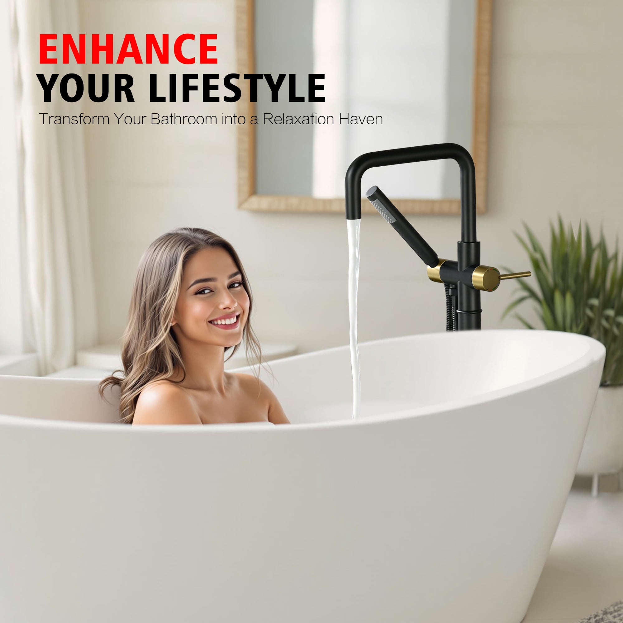 sumerain Floor Mount Tub Filler Faucet with Hand Shower, Brass Black and Gold High Flow Freestanding Bathtub Faucet Single Handle