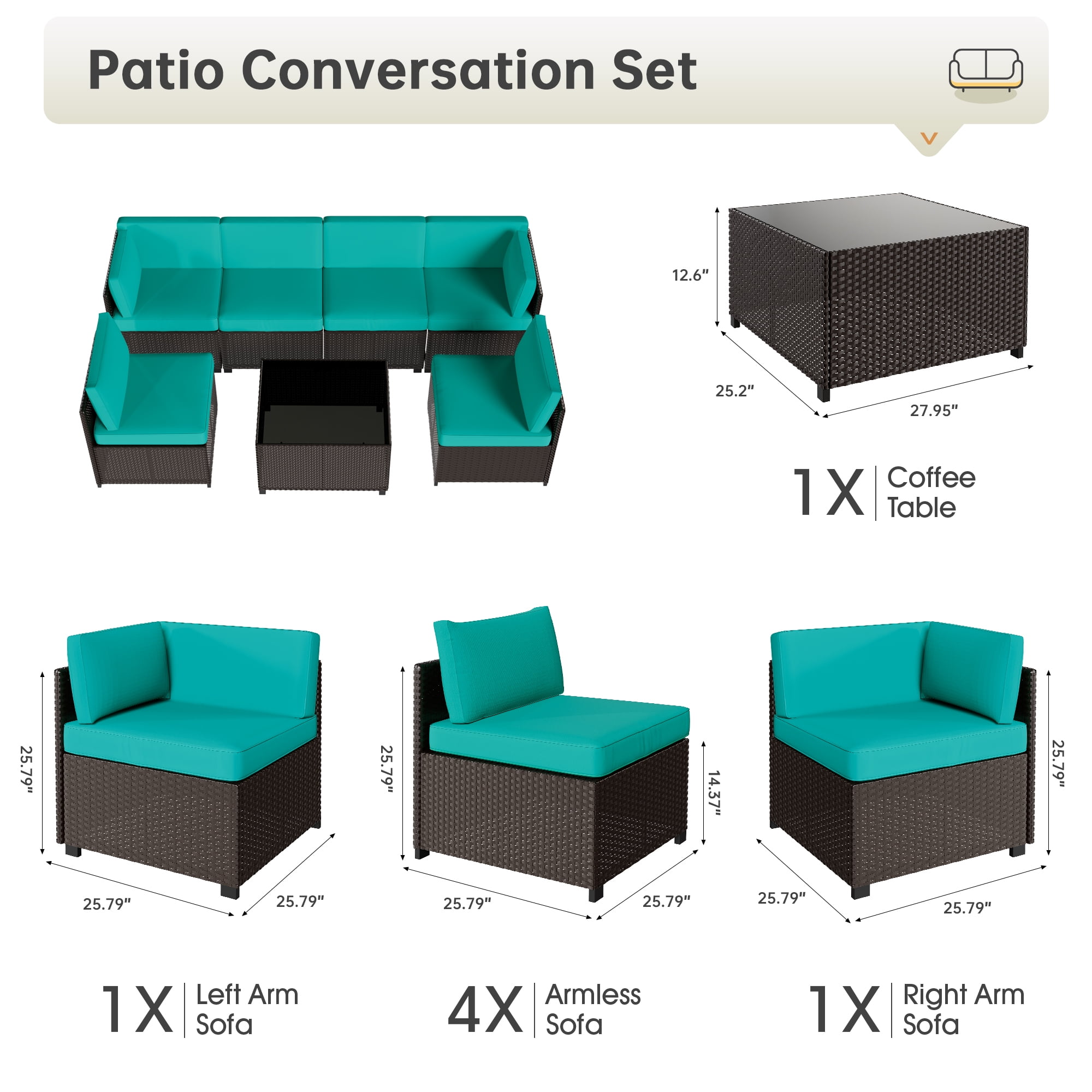 7 Piece Patio Furniture Set, Outdoor Furniture Patio Sectional Sofa, All Weather PE Rattan Outdoor Sectional with Cushion and Coffee Table.