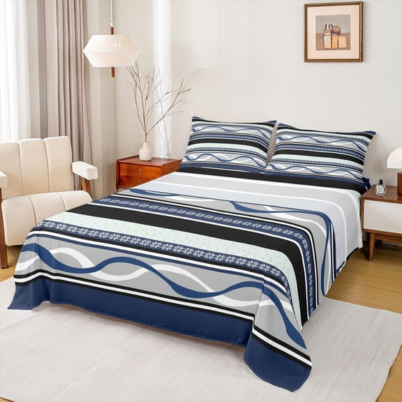 jejeloiu Nautical Striped Bed Sheets,Wave Print Full Size Sheets For Boys,Blue Gray,4-Piece,1 Flat Sheet, 1 Fitted Sheet and 2 Pillowcases