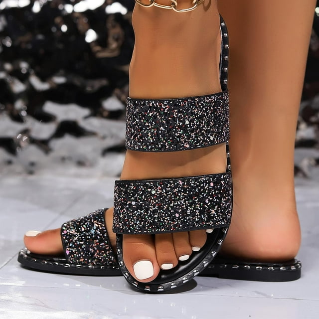 Cameland Women's Summer New Plus Size Frosted Sequin Line Over Beach Flats Light Sandals