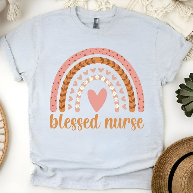 Blessed Nurse Graphic T-Shirt with Rainbow and Heart Design, Ash, Size S