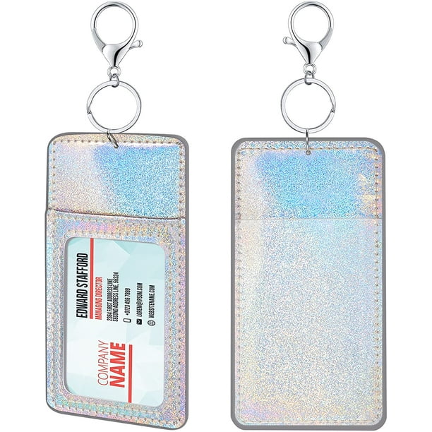 2 Pieces Glitter ID Badge Holder Vertical Badge Clip Key Chain Holder  Silicone Card Holder with Clear Window, Key Ring, Metal Clip for Office,  Name Card, ID Card 