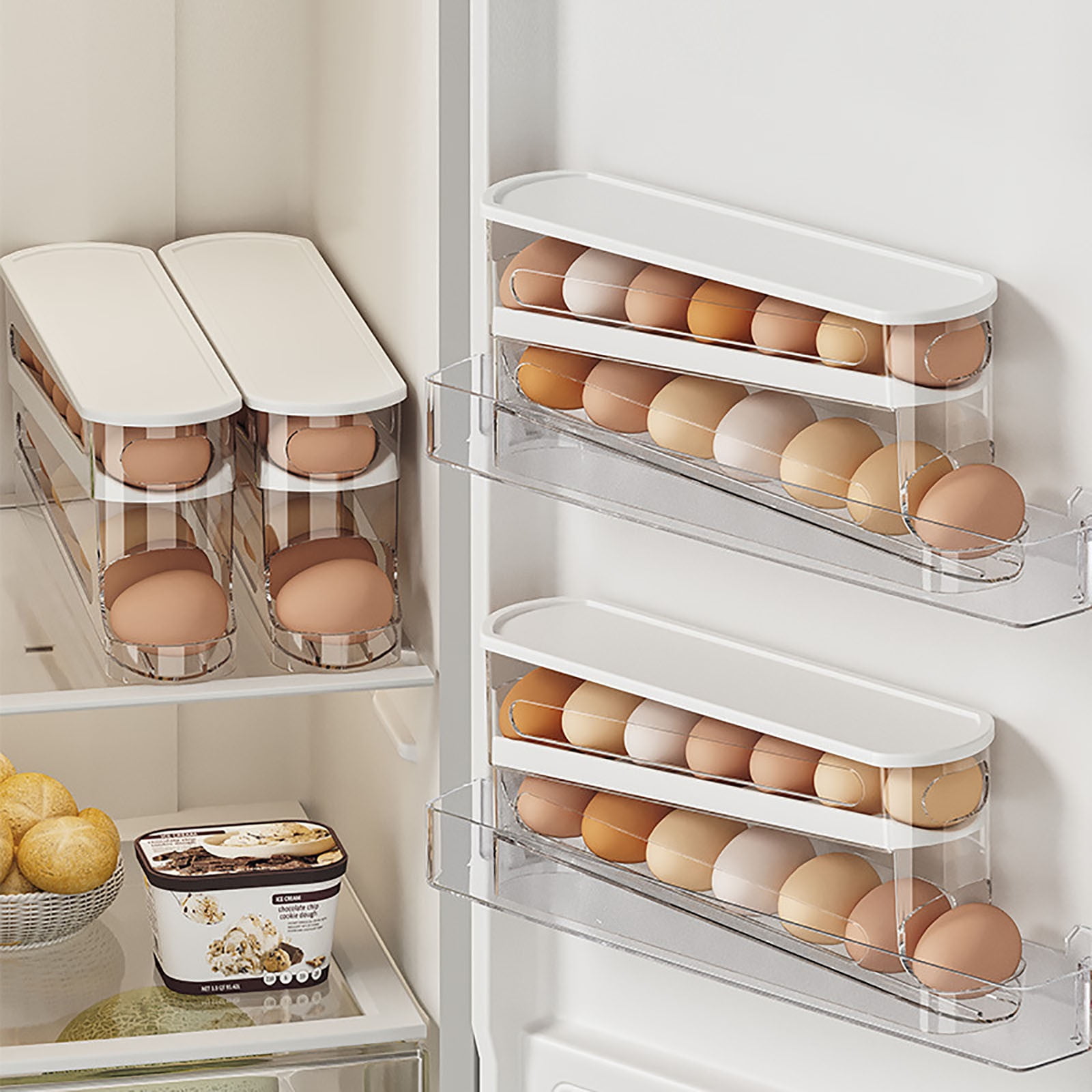 Bxaolu Auto Rolling Egg Dispenser for Refrigerator, Space-Saving Fridge Egg Organizers and Storage with Lid, Egg Tray Hold 16 Eggs for Countertop, Kitchen, Outdoor Use[2PCS]