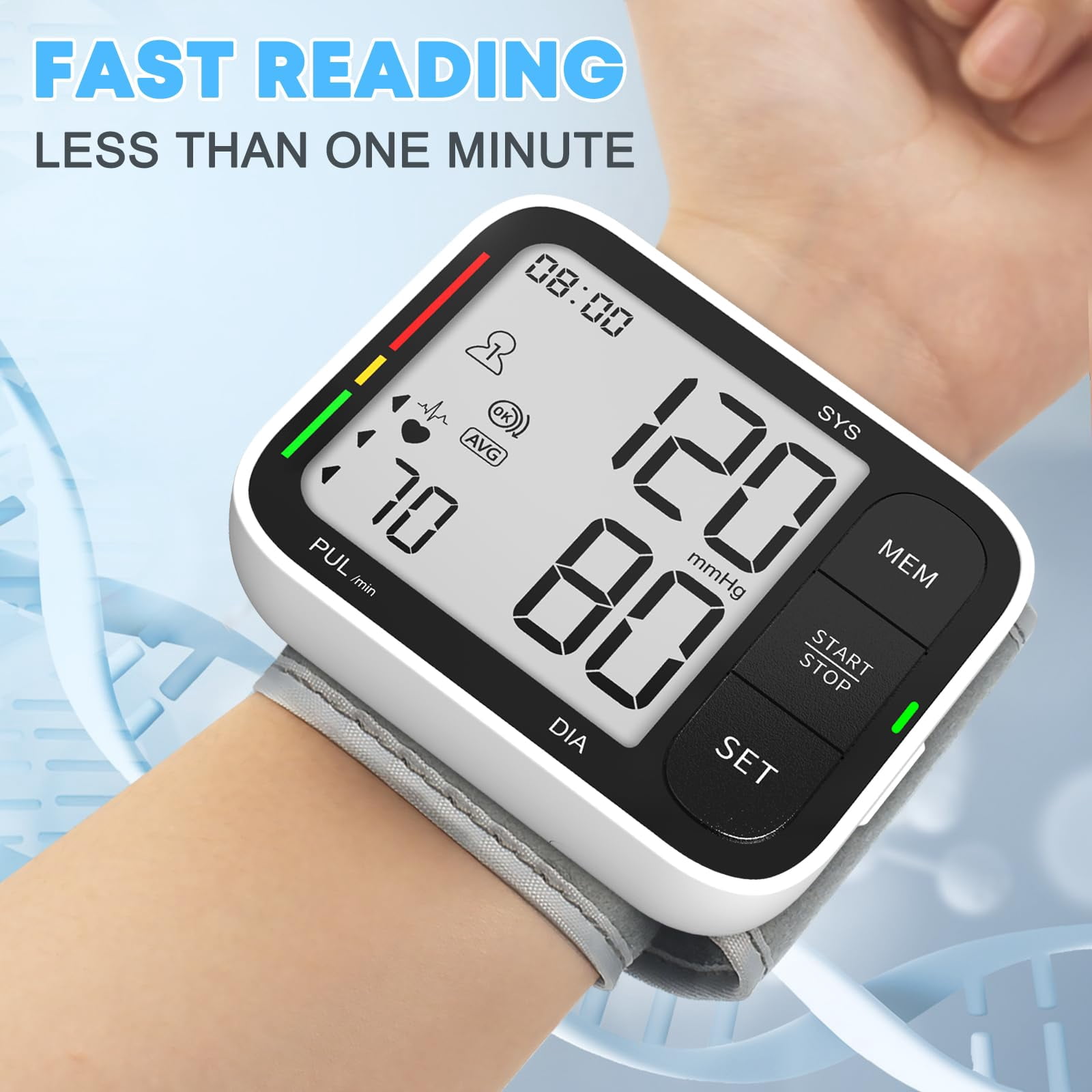 Wrist Blood Pressure Monitor, Large LCD Screen & Voice Announcements, Adjustable Cuff (5.3–8.4 in), 2×120 Memory, Irregular Heartbeat Detection, Portable Blood Pressure Monitor for Home, Travel
