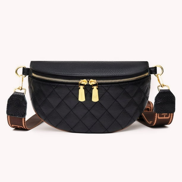 Cowhide Leather Bum Bag Wide Shoulder Strap Ladies Bumbag Zipper Bum Money Pouch