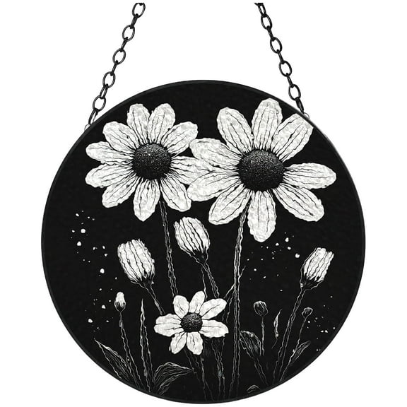 Black and White Daisy Flowers Stained Glass Suncatcher Colored Handmade Window Hangings Glass Suncatcher Crafts Kits for Indoor Garden Christmas Decor and Memorial 16x16cm(2)
