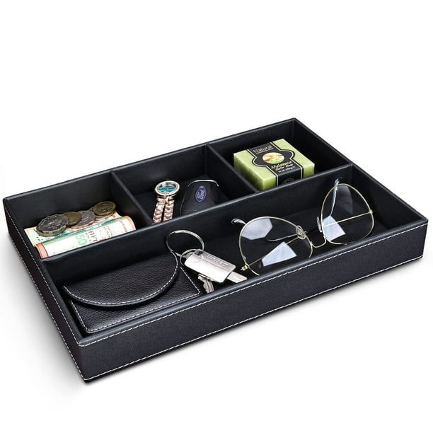 Bandeja de valet de cuero sintético para hombres, bandejas de joyería apilables, organizador de cajones, bandeja organizadora de mesita de noche para hombres