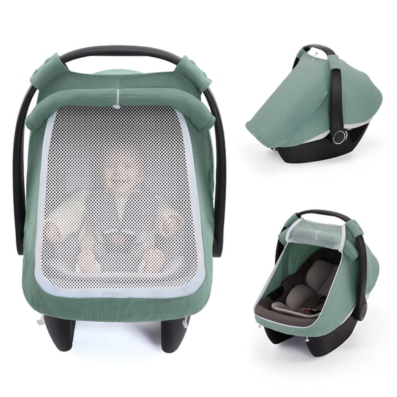 RIONIMA Baby Car Seat Cover,Extra Large Mesh Window,Breathable Muslin Cotton,Infant Windproof Canopy,Must-Have Baby Gift