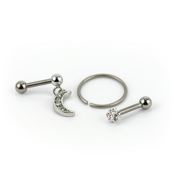 Claire's Women's Silver Moon 16G Crystal Cartilage Earrings, Ball Closure, 3 Pack, 70494