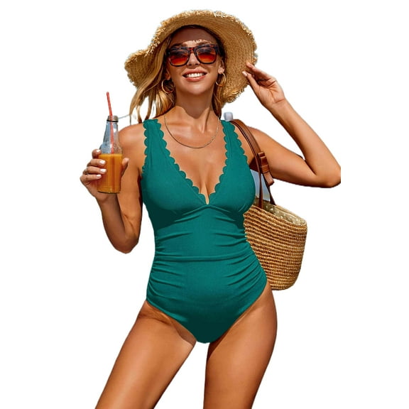 ATTRACO One Piece Swimsuit Women Shoulder Straps Wavy Edge V Collar Bathing Suit Sexy Monokini Swimwear S-XL