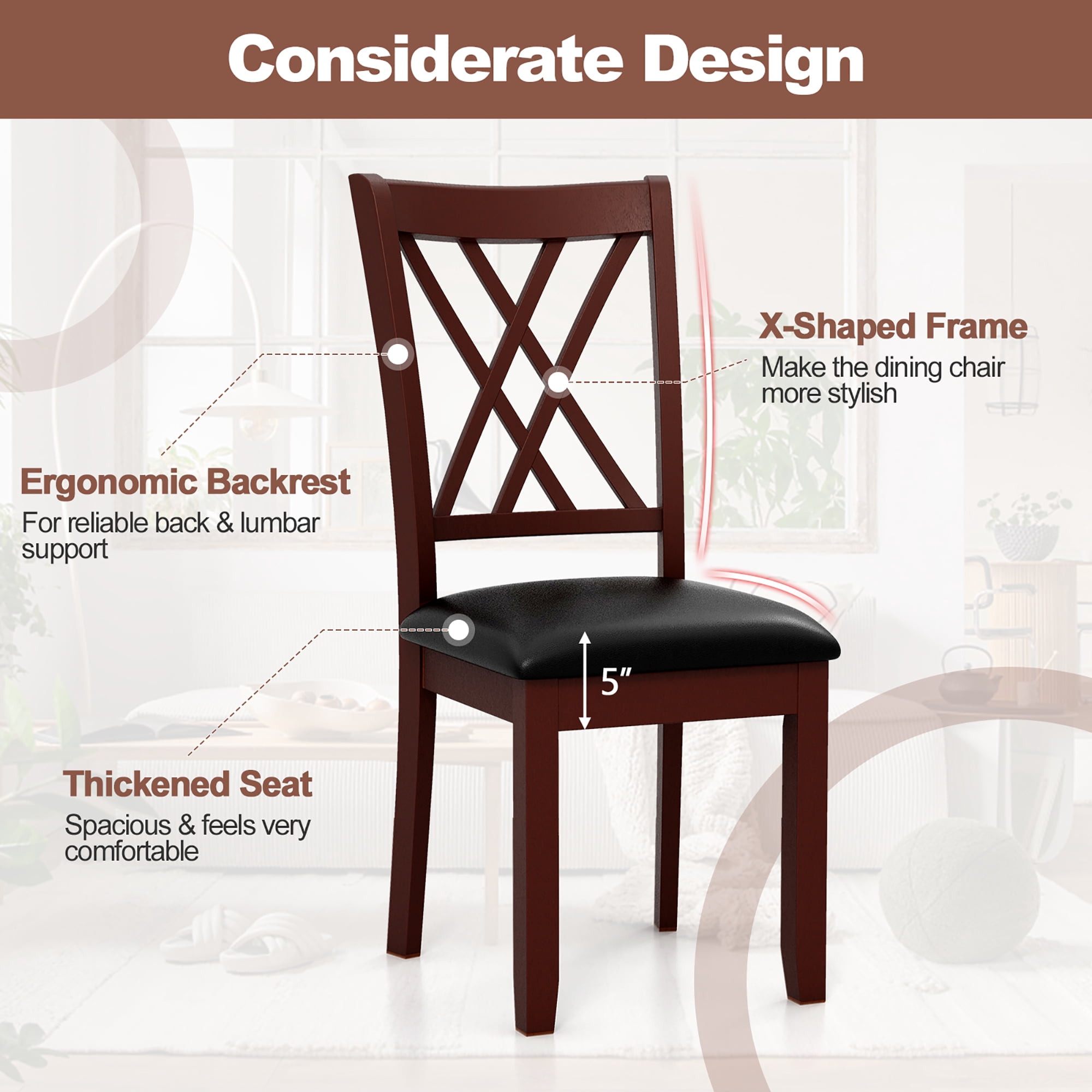 Gymax Set of 4 Dining Chair Kitchen Chair with Backrest Padded Seat & Rubber Wood Legs