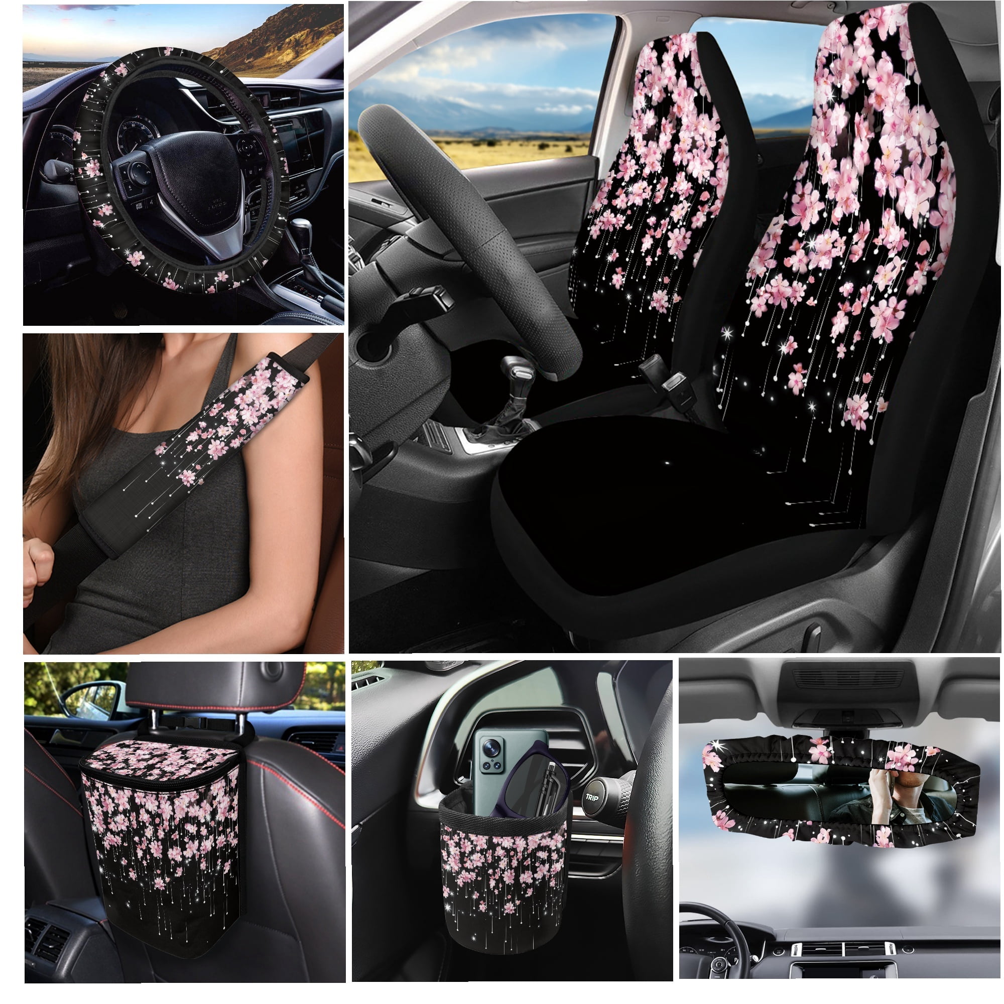 Yuyamidu Cherry Blossom Car Seat Cover Set of 15 Pink Steering Wheel Cover Seat Belt Strap Cover Trash Cans Rear View Mirror Cover Cup Coaster Keychain Air Vent Storage Bag Universal Fit