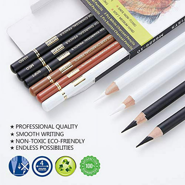 MARKART Professional Charcoal Pencils Drawing Set 10 Pieces Colour Charcoal Pencils for Drawing Sketching Shading Blending Sketch Highlight White