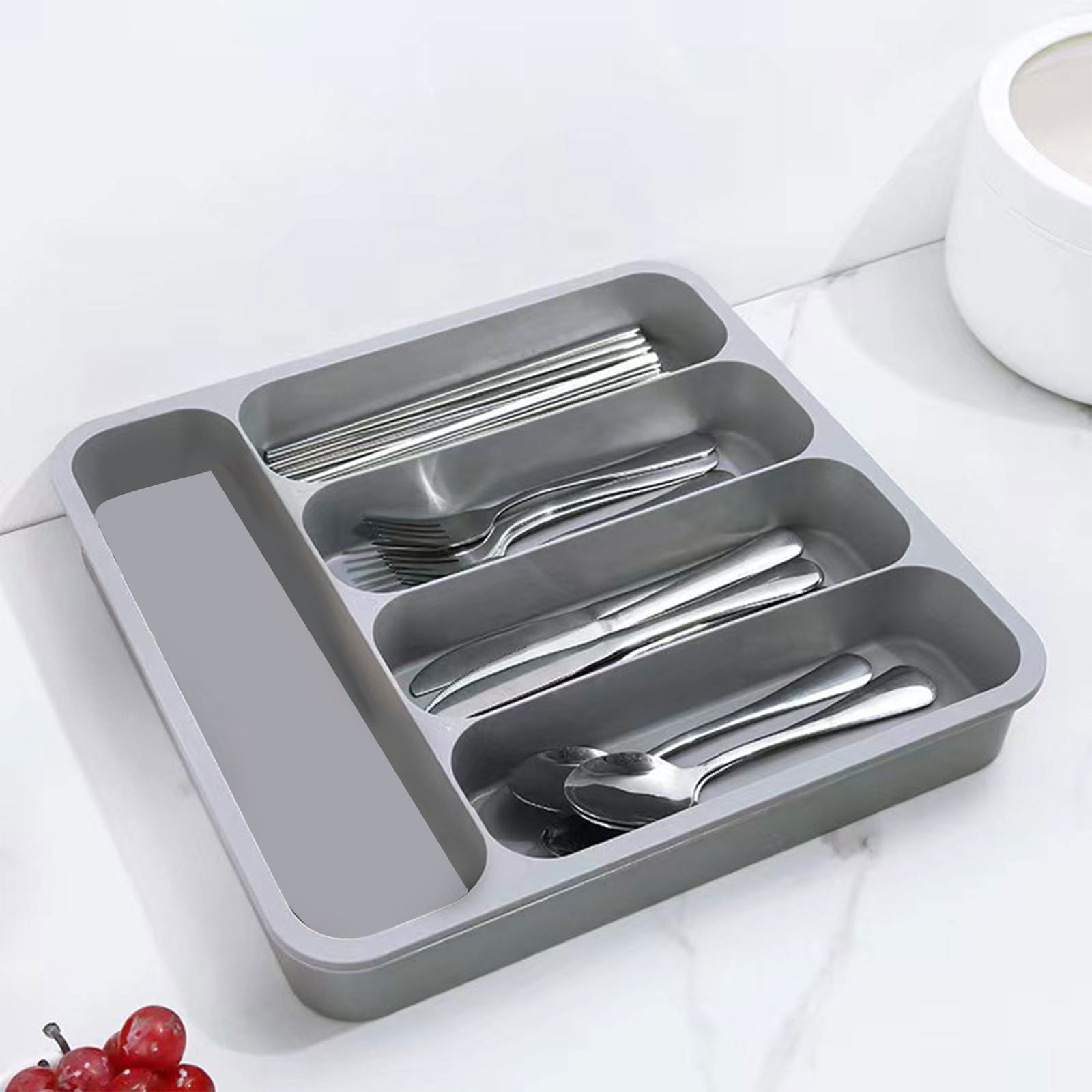 Drawer Organizer for Kitchen Utensils | Silverware Tray with Detachable Sections | Cutlery Storage Box for Spoons Forks Knives | Expandable Plastic Organizer for Home Office Dining Room