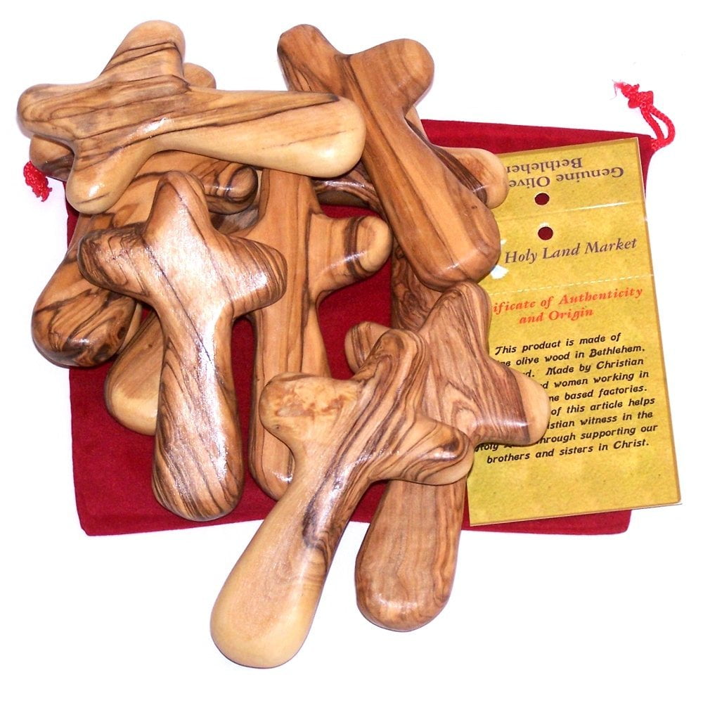 Grain on both Sides Olive Wood Caring/Holding Cross with Bag and Card 1, Grade A+