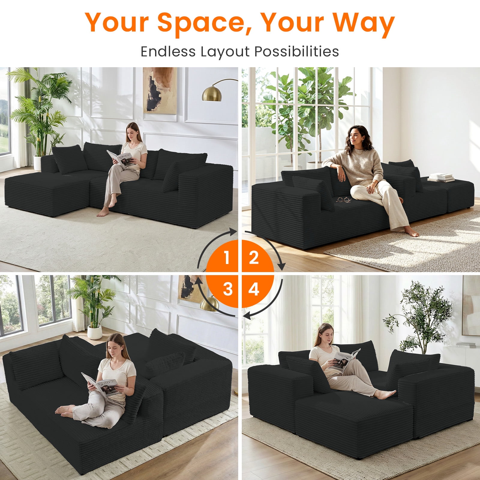 ZAFLY 110" Cloud Sectional Sofa, Modular Corduroy Deep Seat Couch, L Shaped Couches for Living Room - Black