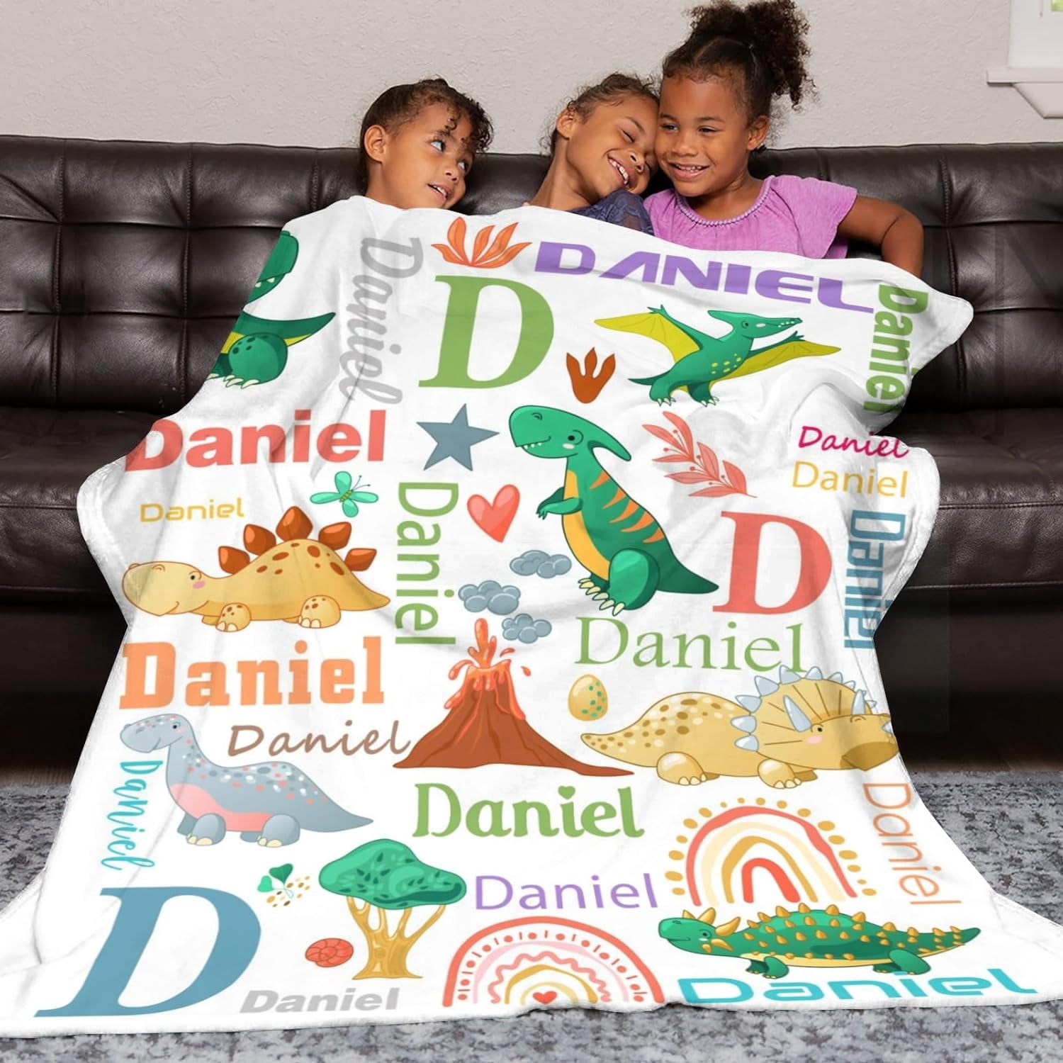 Personalized Dinosaur Blanket for Kids, Custom Dino Throw Blanket with Name for Boys and Girls, Toddler Bed, Room & Bedroom Decor, Unique Blankets for Children