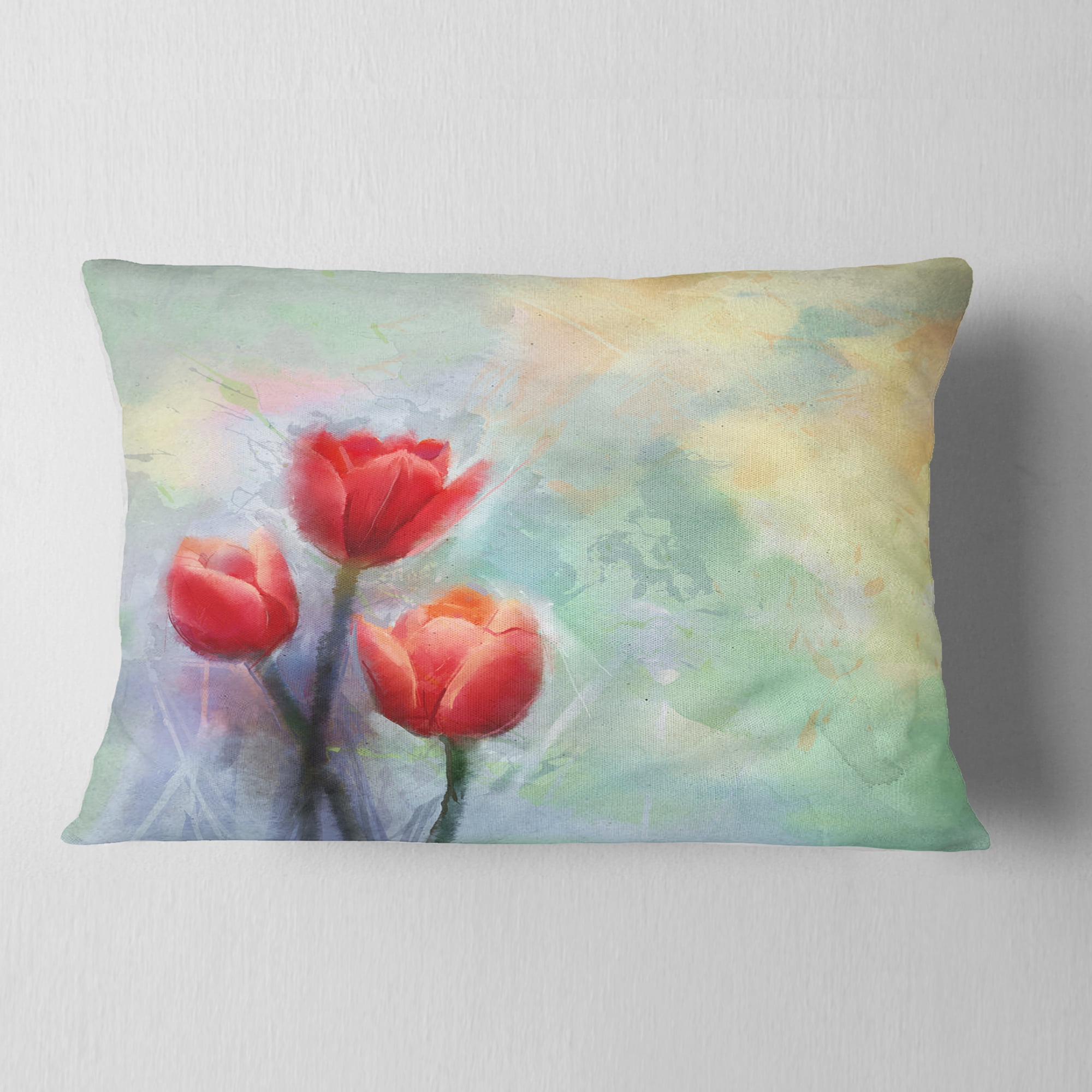 Designart Red Tulips on Light Blue Watercolor - Floral Throw Pillow - 12x20