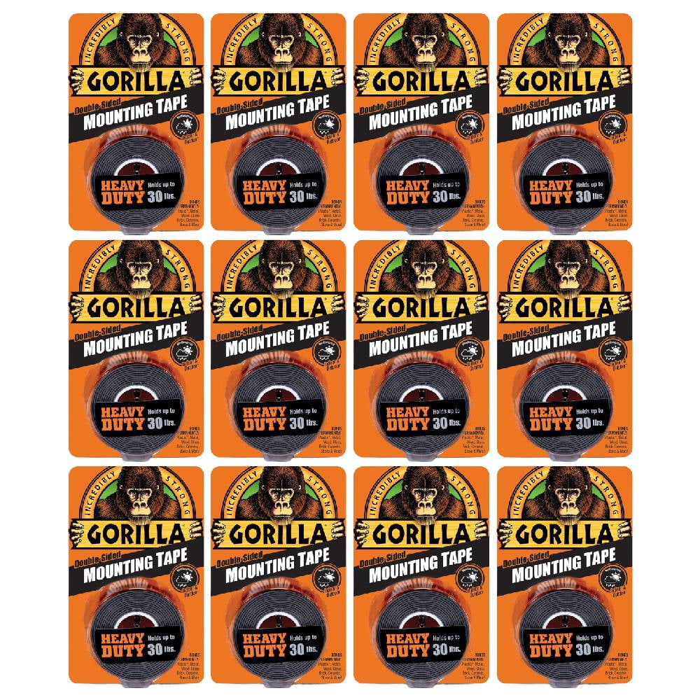 Gorilla Mounting Tape Heavy Duty Double Sided Adhesive Permanent 1 x 60 in Black, 12Pack