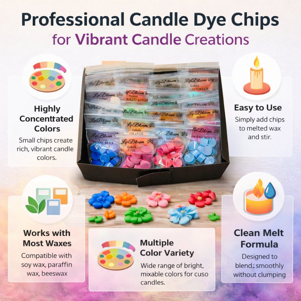 LwBloom Candle Color Dye Chips – 240 Pieces, 24 Vibrant Colors, Candle Making Dye for Soy, Beeswax & Paraffin, Long Lasting Wax Color Chips