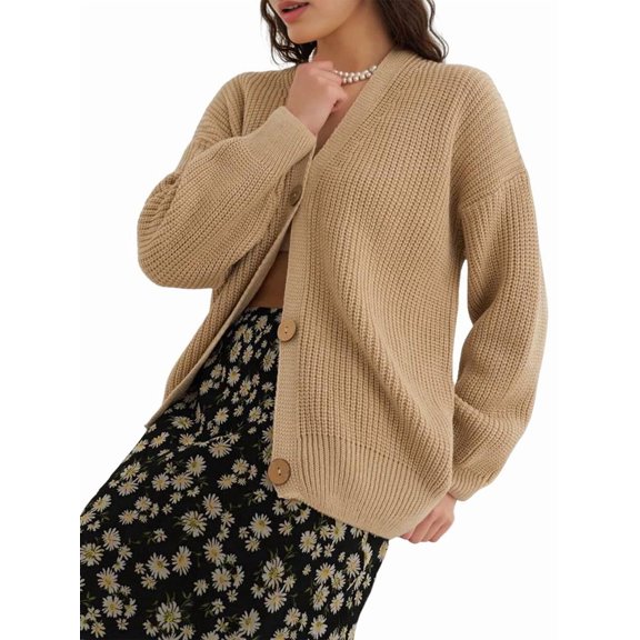 Women'S 2025 Fashion Casual Open-Front Long-Sleeved Chunky Knitted Sweater Jacket Khaki M