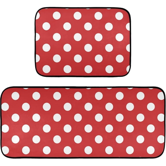Kitchen Area Rug 2 Piece Set Polka Dots Red Polyester Non-Slip Floor Rug Runner Washable Carpet Mat Comfort Standing Mat for Kitchen Home Decorative
