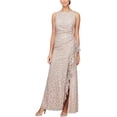 thumbnail image 1 of Alex Evenings Womens Long Sleeveless Cascade Ruffle Detail Dress with Front Slit 14 Buff, 1 of 4