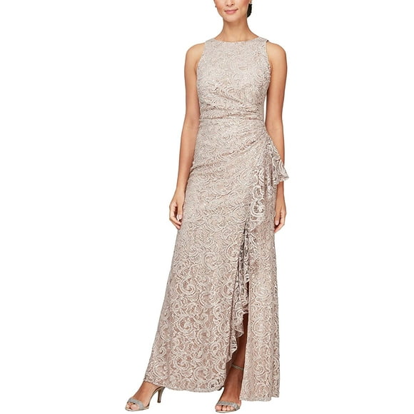 Alex Evenings Womens Long Sleeveless Cascade Ruffle Detail Dress with Front Slit 14 Buff