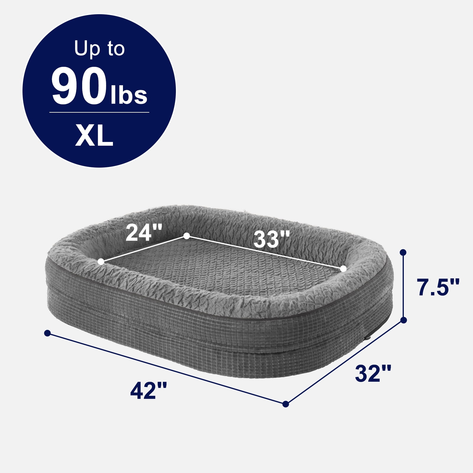 Orthopedic Dog Bed for Large Dogs with Egg-Crate Memory Foam, Waterproof Lining and Removable Washable Cover, XL Bolster Pet Couch with Non-Slip Bottom, Gray, 42in