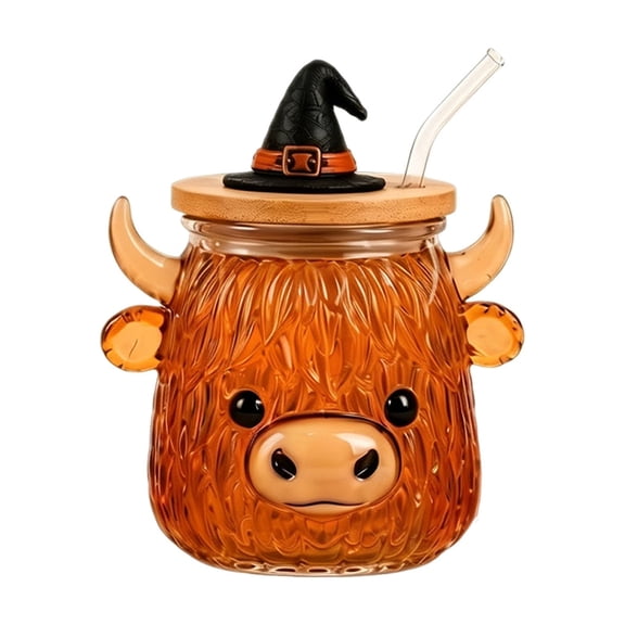 Ktlvex Halloween Glass Tumbler With Lid, Ghost Cow Pumpkin Pattern Drinking Glass Cup, Reusable Kitchen Drinkware for Home Dining, Themed Party, Daily Use Holiday Table Decoration(A)