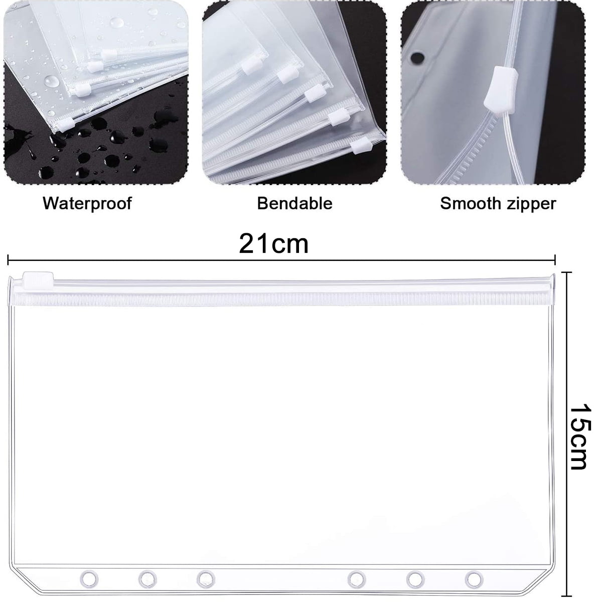 A5 Size 6 Holes Binder Pockets Plastic Binder Zipper Folders Waterproof 6 Holes Zipper Loose Leaf Bags for Documents Notebooks Cards 