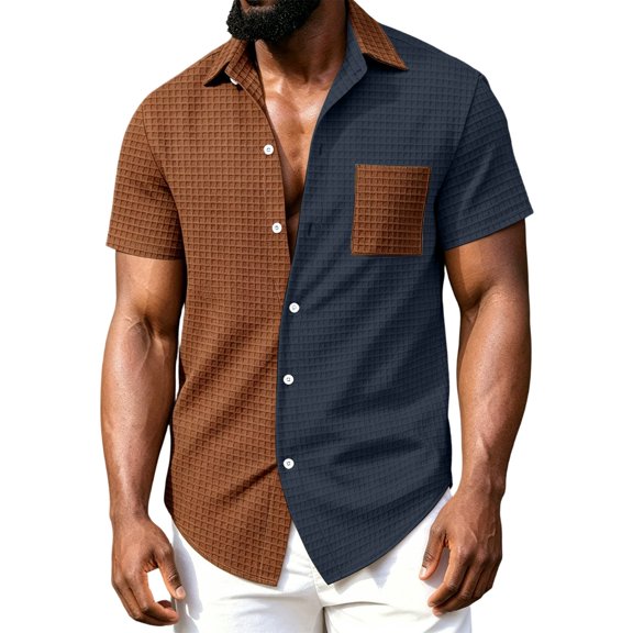 Men's Vintage Waffle Shirt Short Sleeve Button Down Summer Colorblock Beach Work Shirts